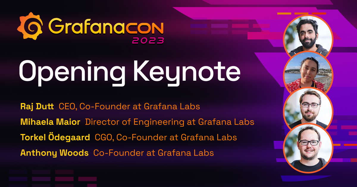 The title card for the GrafanaCON 2023 keynote, including the title of the session, the date and time, and the GrafanaCON 2023 logo.