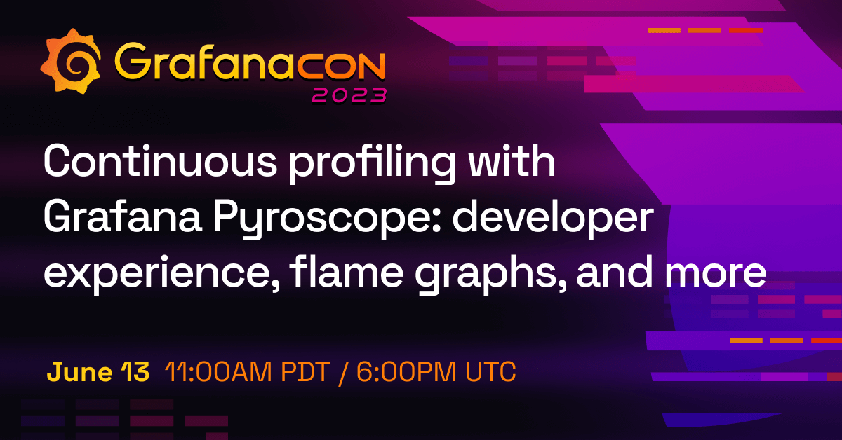 The title card for the Grafana Pyroscope session, including the title of the session, the date and time, and the GrafanaCON 2023 logo.